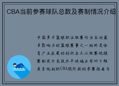 CBA当前参赛球队总数及赛制情况介绍